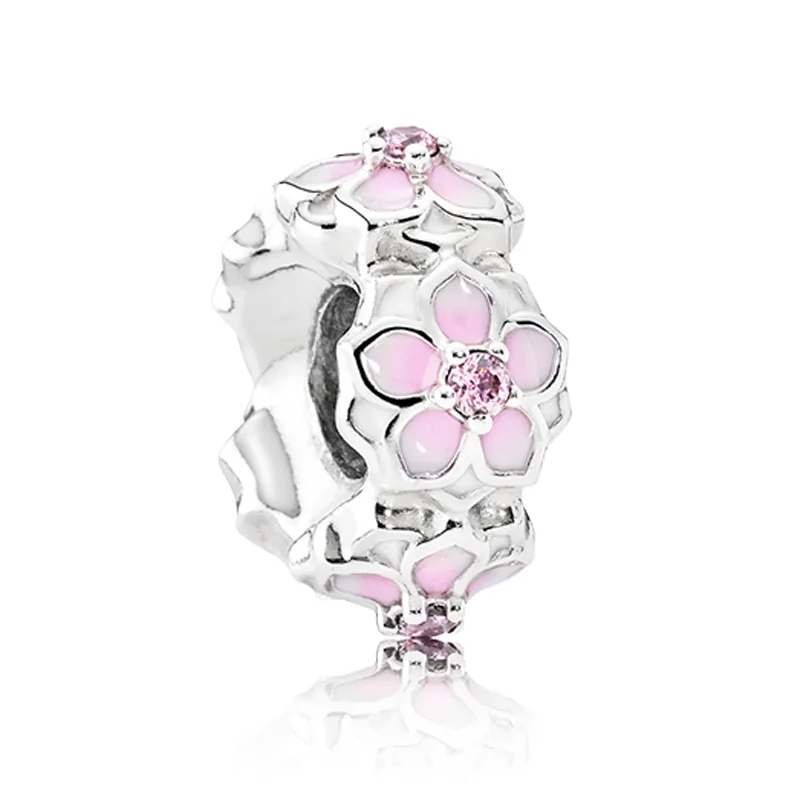 

New 925 Sterling Silver Bead Charm Pale Cerise Enamel Magnolia Bloom & Pink Crystal Space Beads Fit Pandora Bracelet DIY Jewelry