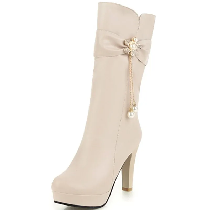 

Models In The Boots Female 2018 New Thick With Leather Face Round Head Plus Velvet Thick White Fashion High Heel Boots