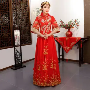 Ancient Marriage Costume the Bride Clothing Gown Traditional Chinese Wedding Dress Women Cheongsam Embroidery Phoenix Red Qipao
