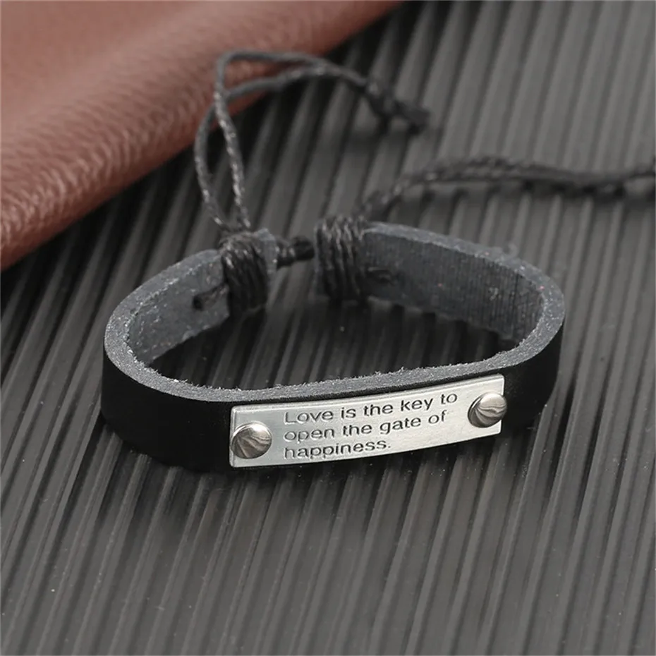 Stylish Black Brown Happiness Door Love Theme Charms Women Leather Bracelets Rope Chain Mother Gift Jewelry  (10)
