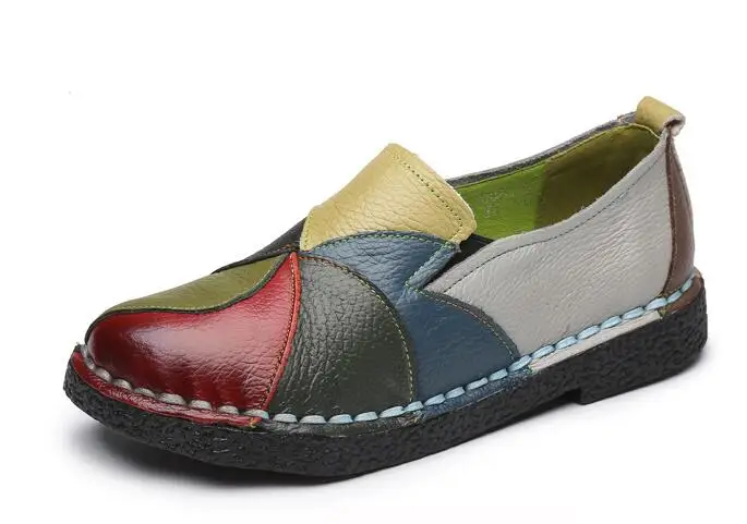 Этническая Стиль ручной работы Пояса из натуральной кожи Мягкая обувь женские Разноцветные Повседневные туфли на плоской подошве с цветочным принтом обувь с круглым носком обувь - Цвет: Зеленый