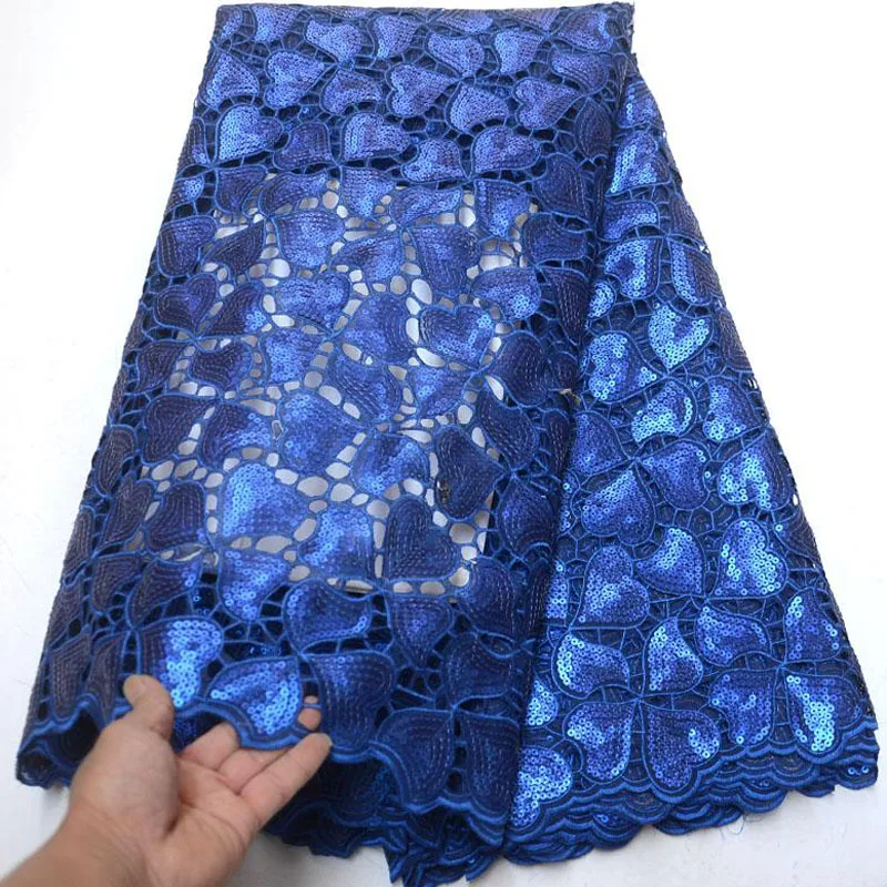 

Free shipping (5yards/pc) high quality royal blue African sequins lace handcut organza lace fabric for party dress OP004