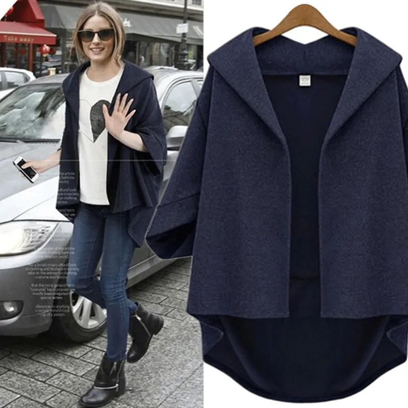 Новые осенние женские пальто размера плюс, модные повседневные свободные однотонные шерстяные пальто с капюшоном и рукавом три четверти для женщин, большая верхняя одежда 5XL - Цвет: navy blue