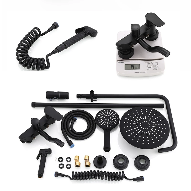 quyanre wanfan gappo black shower faucet kit with commodity shelf bidet swivel tub spout 3-way mixer tap bath shower faucet2
