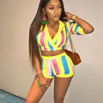 

2019 Sexy Deep V Neck Rainbow Striped Summer Two Piece Set Women Crop Top Biker Shorts Suits Short Sleeve 2 Piece Outfits