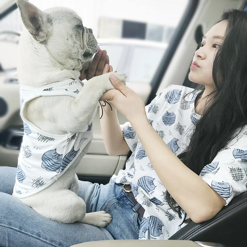 

2019 Summer New Cat Parent-child Wear Thin Vest Beauty Short Blue Cat Dog Clothing Korean Version Full Printed Short Sleeve