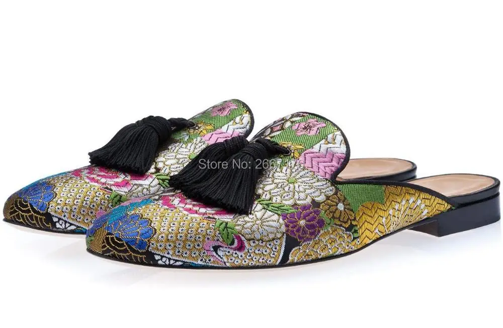 Men Mixed Color Floral Embroidered Fringe Half Slippers Slip on Mules Casual Shoes Flats Smoking | Обувь
