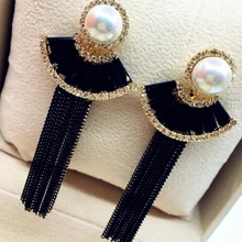 Горячая распродажа! Новая мода Мода элегантный роскошный циркона и жемчужные длинная кисточка, цепочка, свисающие серьги для Для женщин вечерние серьги