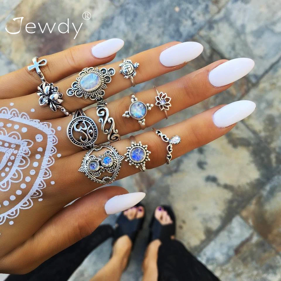

11 PCS/Set Vintage Lotus Turtle Rings Set for Women Crystal Boho Jewelry Silver Ring Wedding Jewelry Bague Femme Anillos Mujer