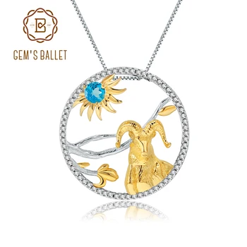 

GEM'S BALLET Natural Swiss Blue Topaz Original 925 Sterling Silver Goat Pendant Necklace For Women Chinese Zodiac Animal Jewelry
