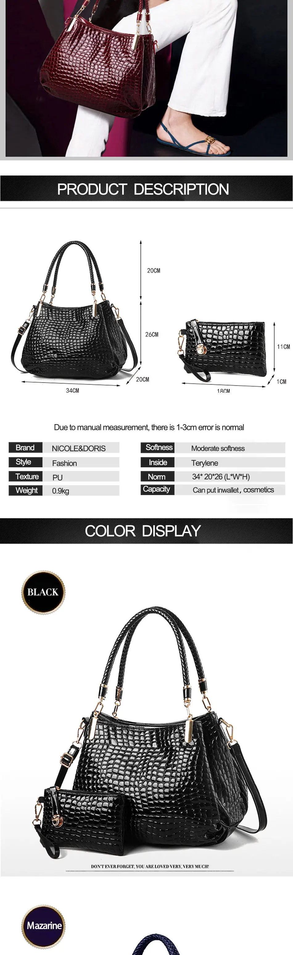Nicole&Doris New Crocodile Grain PU Leather Women BagShoulder Bag Handbag Female Shopping Bag Crossbody Totes Large Bag women's bags big