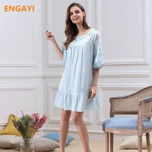 ENGAYI New Summer Women Night Dress Nightgown Sexy Lace Night Gown Nightdress Female Cotton Nightwear M5652