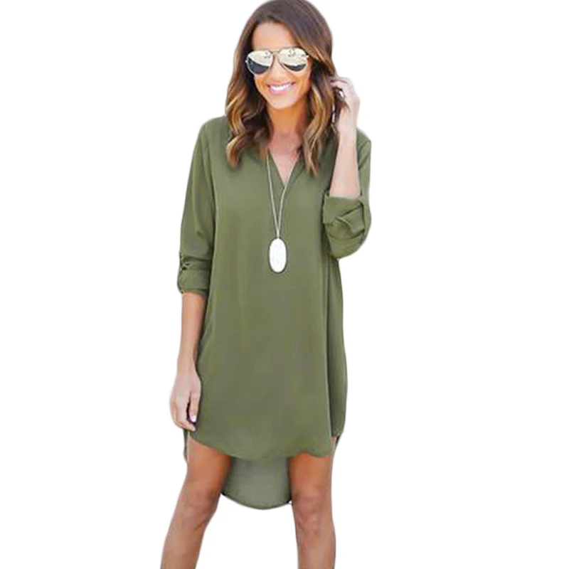 

Casual 3XL Women's Plunging Neck Chiffon Dress Long Sleeve Tunic Shirt Dress Irregular Front Short
