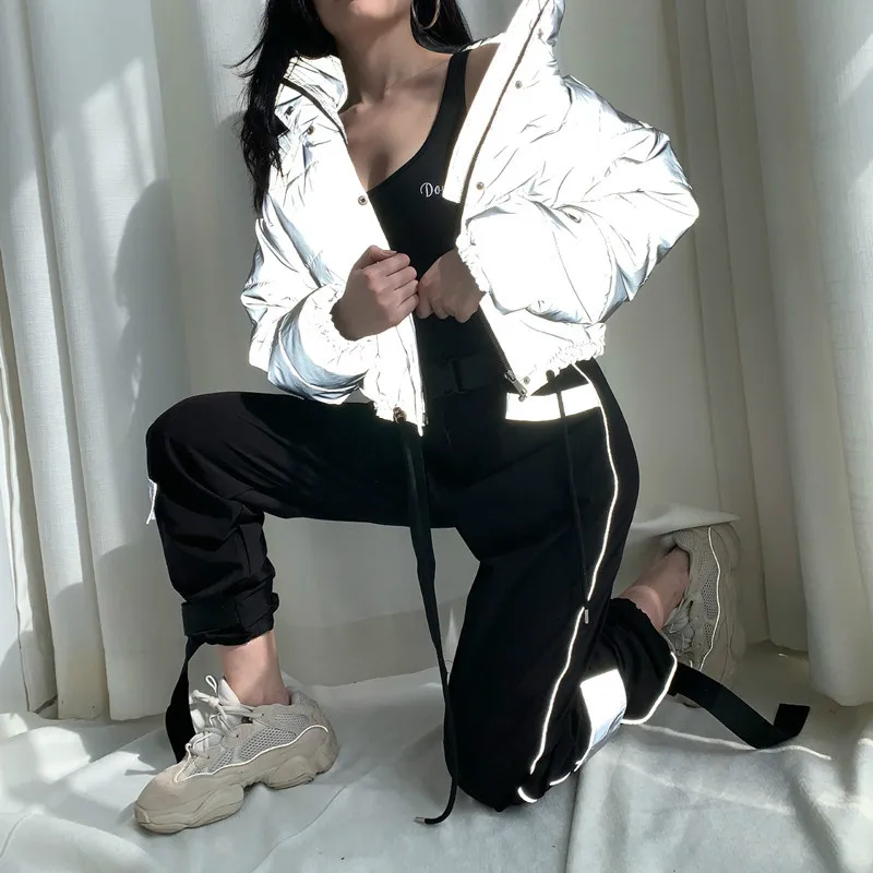 

Women High Waist Belted Night Reflective Cargo Pants Ankle Tied with Buckle Joggers Harem Pants Streetwear Casual Long Trouser