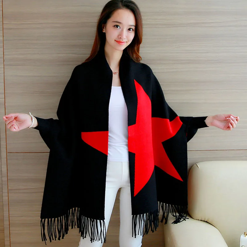 women's doubles new winter long knitted shawl cardigan sweater coat surface wear long sleeve cloak tassel knitwear star print