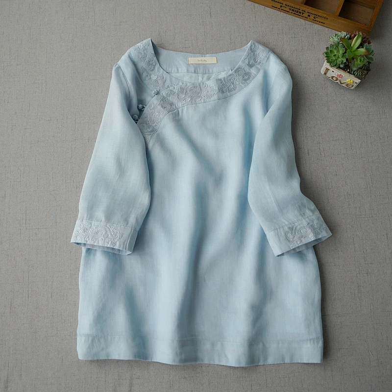 

Spring Summer Women Casual All-match Loose Chinese Style Exquisite Embroidery Comfortable Linen Shirts/Blouses