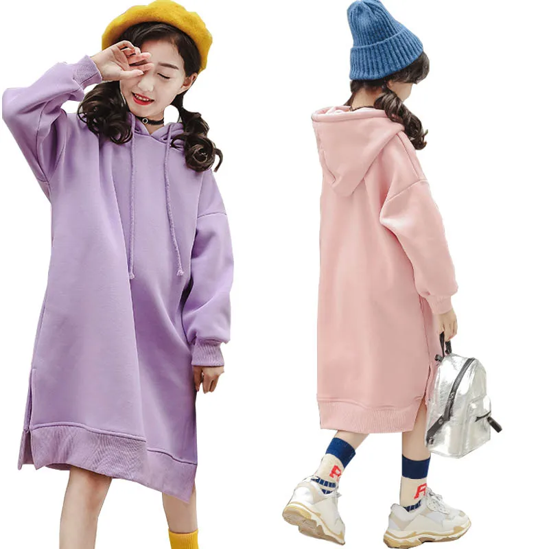 

Kids Dresses for Girls Hoodie Dress Winter Fleece Thick Violet Children's Long Sweater Dress Clothes Kids Outfits 8 10 12 Years