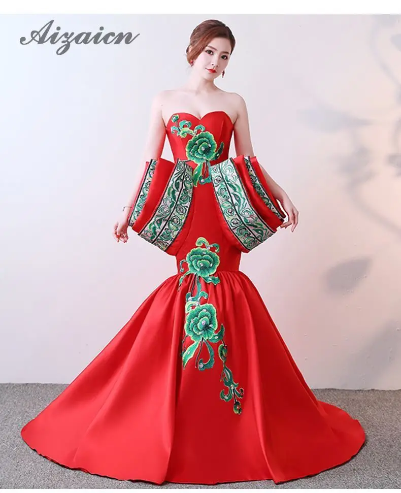 Роскошные китайские вечерние платья без бретелек привлекательное с открытой спиной Красное Свадебное платье Русалка Длинный хвост вышивка Cheongsam Qipao