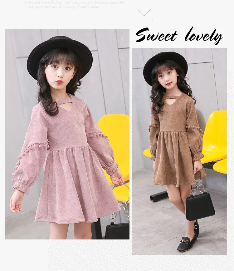 2017 New Autumn Vintage Style Baby Girl Velvet Dress Bowknot Lantern Sleeve Winter Kids Corduroy Pompoms Dresses for Girls (17)