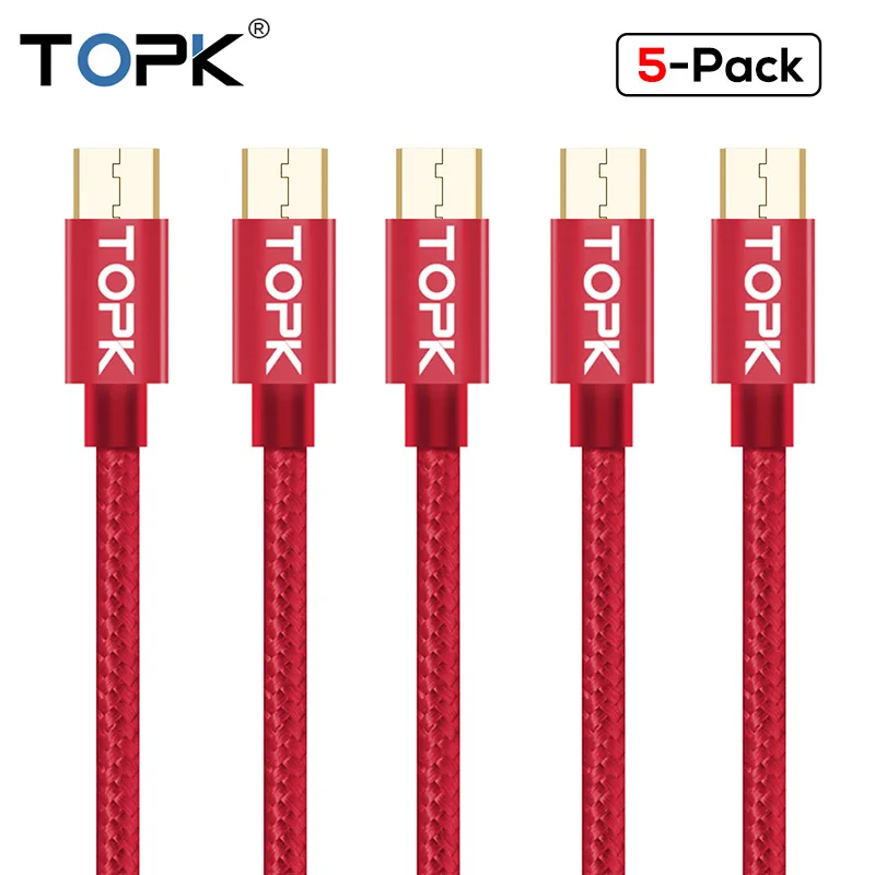 5-Pack TOPK Micro USB Cable Nylon Braided Data Sync Charger Cable For Samsung S6 S7 huaweiP8 Xiaomi redmi 4x mobile phone cables