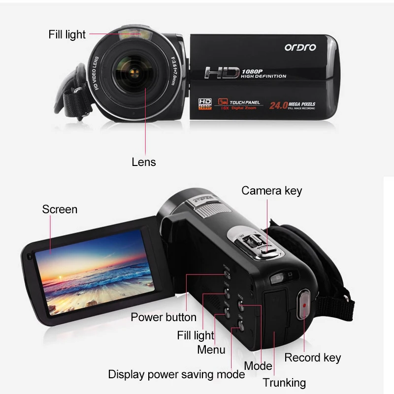 Ordro 16X 24MP HD Digital Camera Reflex Mini Camcorders w/ 3.0 inch LCD Rotation Touch Screen Cameras Video Recorder