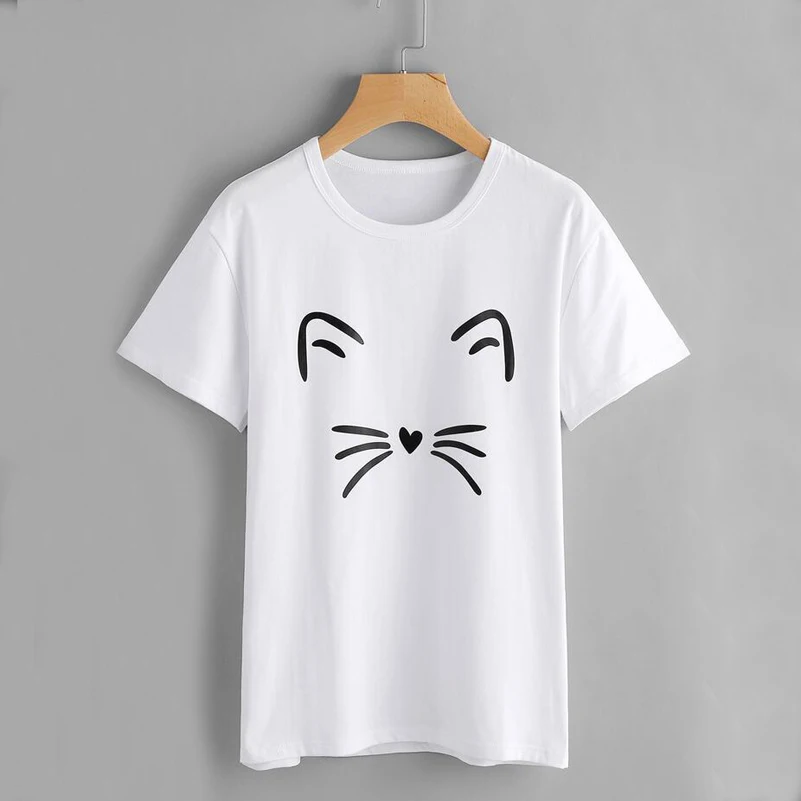 

Cute Cat Printed Women T-shirt 2019 Fashion White Women Tshirts Summer Casual Harajuku T Shirt Femme Top NS8938