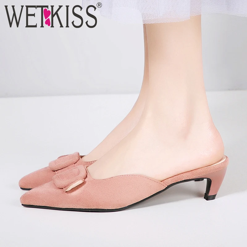 

WETKISS Thin Med Heels Slippers Woman Buckle Open Toe Footwear Flock Slides Shoes Female Mules Shoes Woman Summer 2019 New