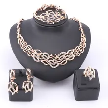Women Fashion Luxury Rhinestone Bridal Necklace Earring Bangle Ring African Dubai Costume Gold Color Jewelry Sets