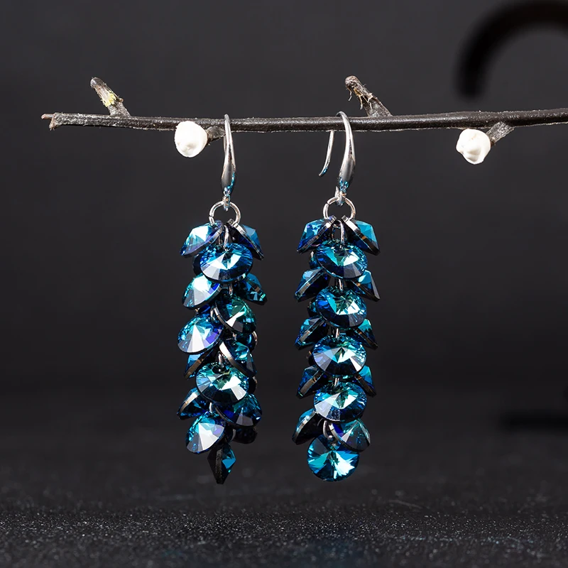 

Shining Blue Austrian crystal handmade beaded tassel earrings long temperament charm grape bunch drop earrings for women jewelry