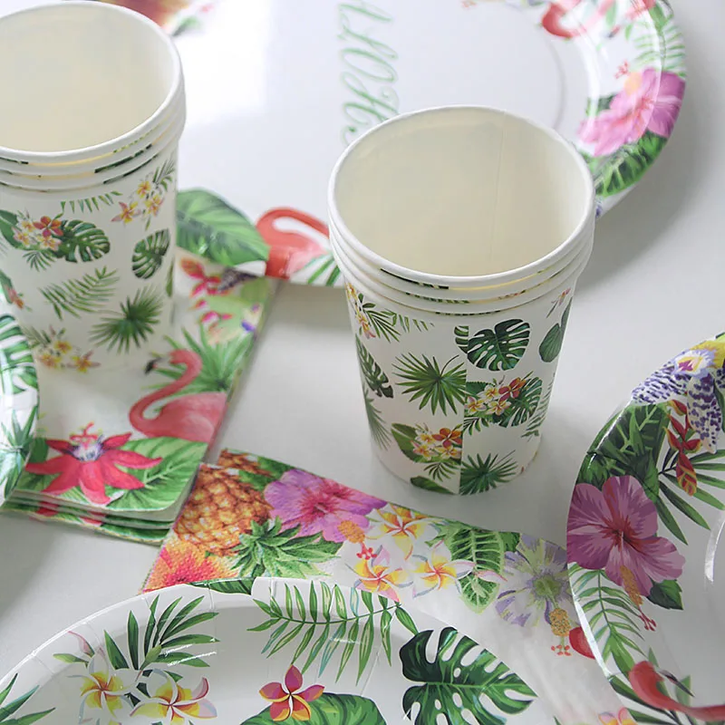 44/69pcs Summer Tropical Party Aloha Theme Decoration Green Palm Flamingo Disposable Tableware Wedding Birthday Party Supplies
