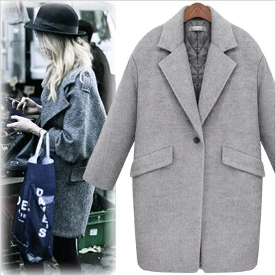 

UK 2019 Women Winter Solid Turndown Collar Single Button Simple Wool Long Coat Female Gray Outerwear Casacos Manteau femme