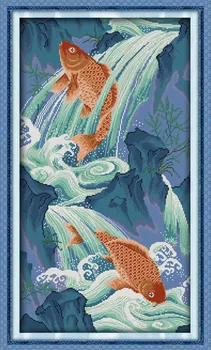 

Fishes Leaping Over the Dragon Gate Canvas Cross Stitch Kits Printed Embroidery DIY Handmade Needle Work Wall Art Home Decor