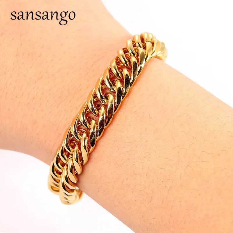 New Arrival Hip Hop 24K Golden Curb Link Chain Bracelet Male Jewelry For Men Women Luxury Bangle Party Gift Wholesale 18cm