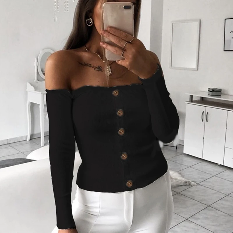 

2019 New Off Shoulder Knit T Shirts For Women Clothing T-shirt Tops Tees Crop Top Long Sleeve Short T-shirts