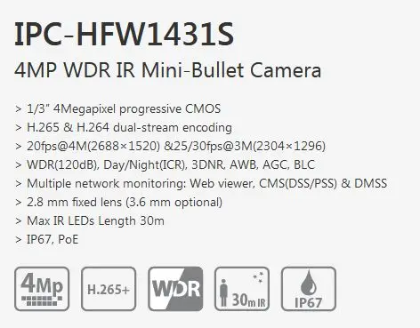 Original IPC-HFW1431S 4MP WDR Mini Bullet IP Camera POE H.265 IR 30m IP67 Replace IPC-HFW1320S Outdoor Network Camera with logo