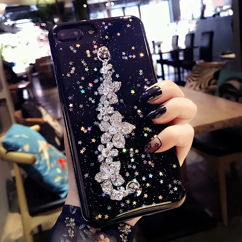 

Glaring sparkle Shining Diamond flower chain bracelet bling epoxy phone case for xiaomi redmi 8 8se note 5 plus pro 8se 5plus