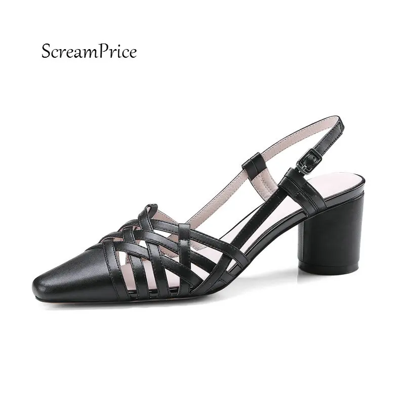 

Women Genuine Leather Sexy Pointed Toe Buckle Strap Sandals Comfortable Square Heel Party Derss Summer Shoes Black Pink