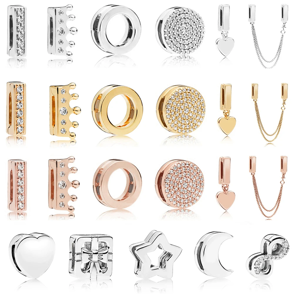 

925 Sterling Silver Bead 2019 Rose Shine Reflexions Signature Logo Clip Charm Fit Original Pandora Bracelet Bangle DIY Jewelry