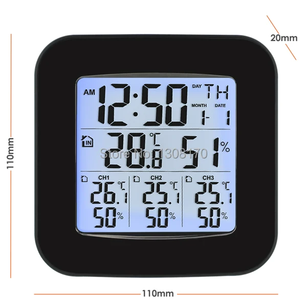 Цифровой термометр и гигрометр с 3 крытыми/наружными беспроводными датчиками для черного светодиодный ЖК-дисплей с будильником