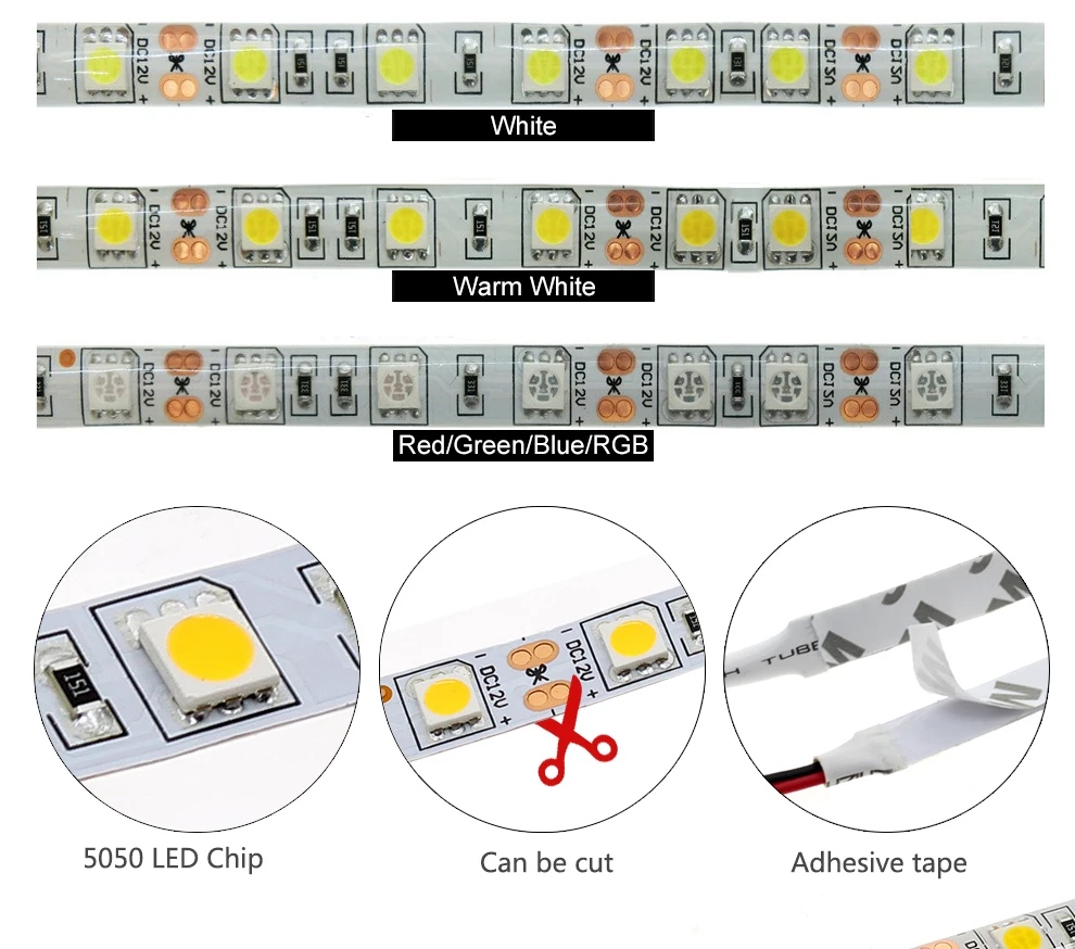 Светодиодная лента 2835/5050 DC 12V 60 Светодиодный/m гибкий светодиодный свет RGB/белый/теплый белый/синий/зеленый/красный Светодиодная лента 5 м/лот