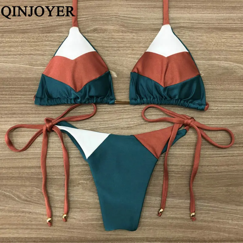 

QINJOYER Patchwork Halter Swimsuit Padded Women String Micro Bikini 2019 Sexy Thong Biquini Swimwear Brazilian Swimsuit Bikini