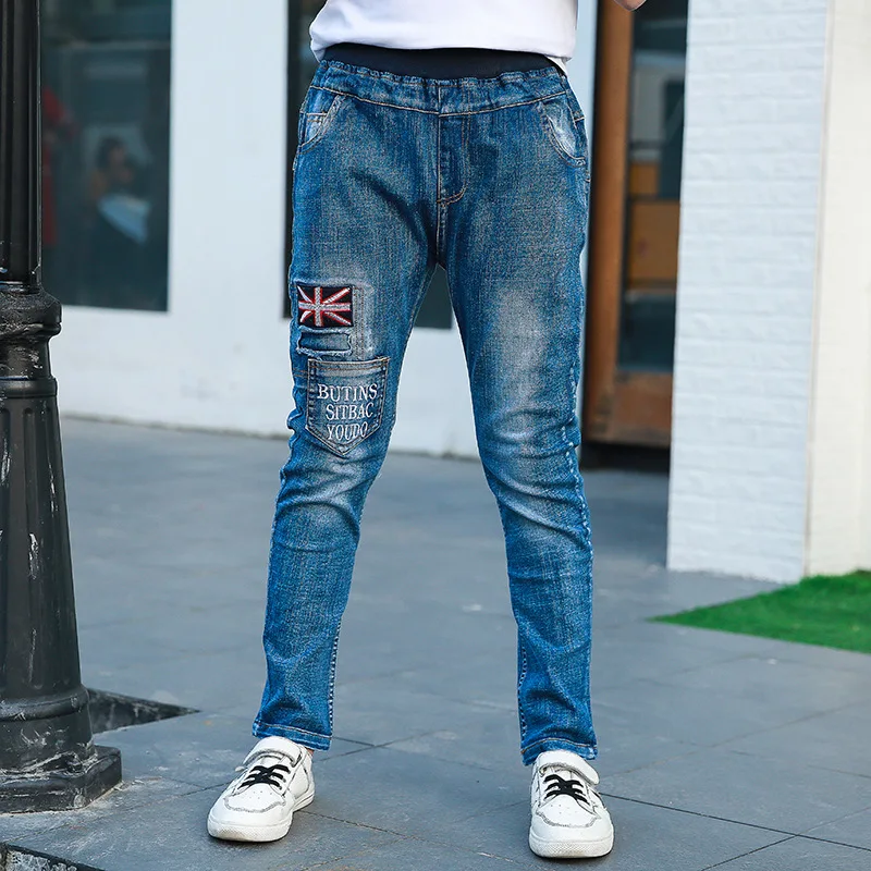5 Baby Boys Jeans Denim Pants Kids Trousers Teens Applique Letters Embroidered Solid Spring Casual Elastic Waist Children Clothing