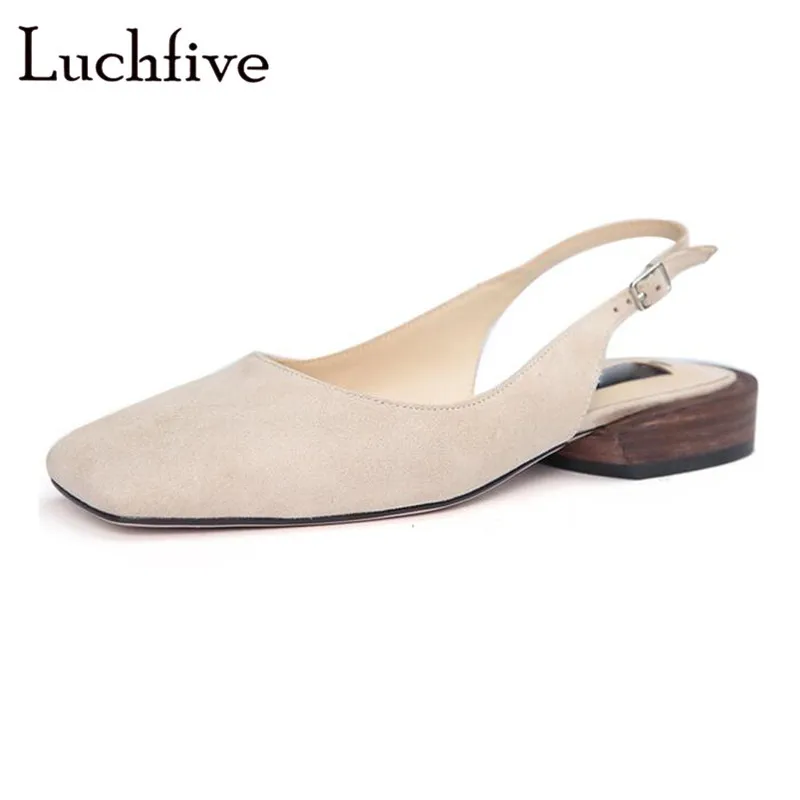 

Kid Suede Square Toe Women Flat Shoes Genuine Leather Ankle Buckle Strap Runaway Shoes Beige Low Heels Slingbacks Shoes Woman