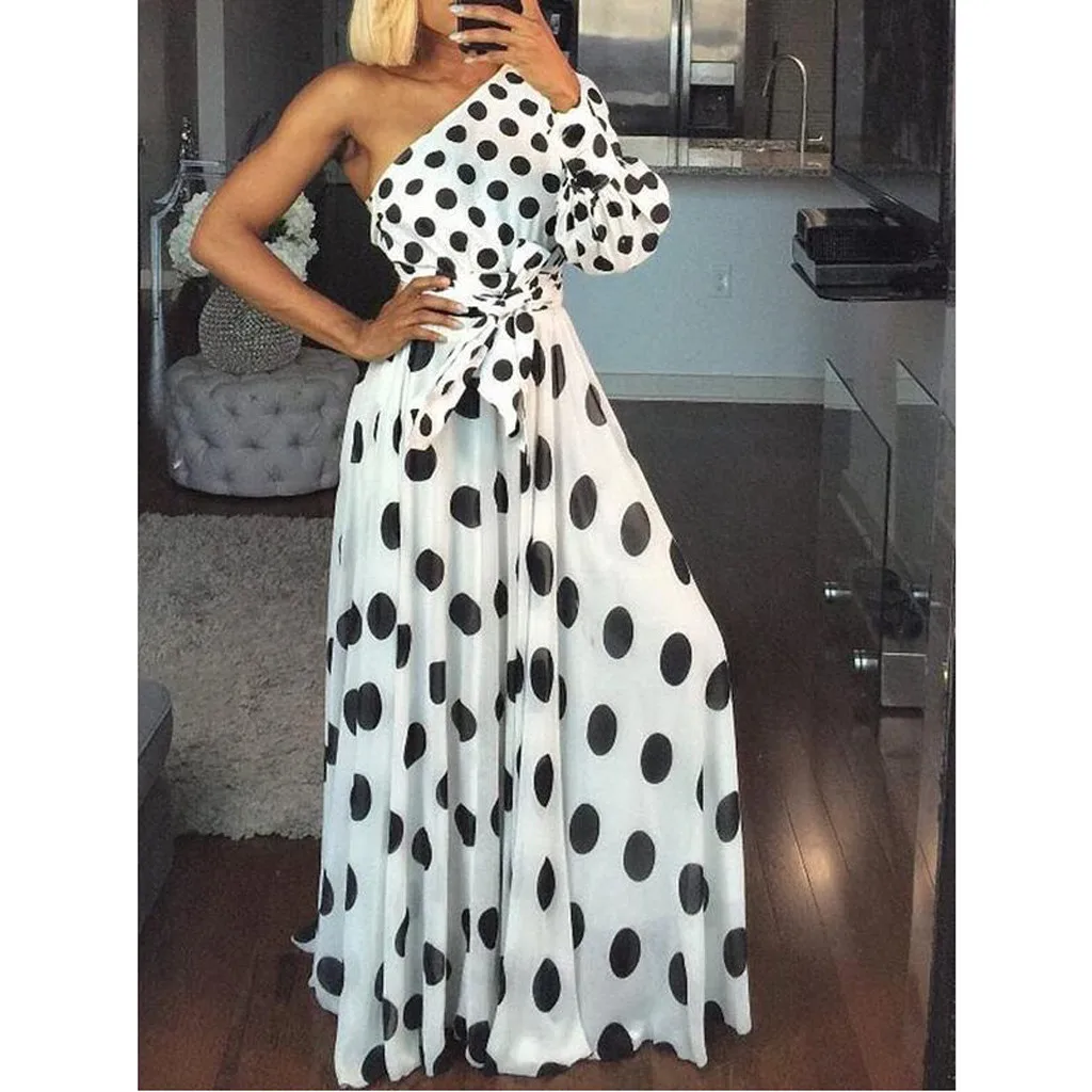 

Long Dress Women 2019 Summer Sexy Off Shoudler Sleeveless Neckless Evening Party Maxi Dress Boho Style Dot Print Dress Vestidos