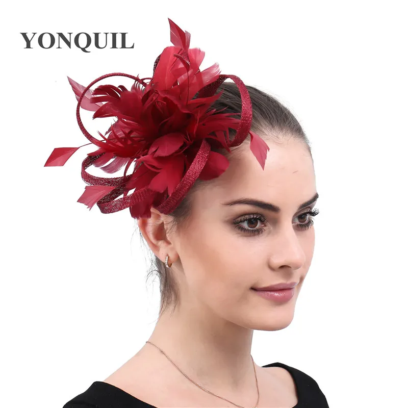 Sinamay маррон модная повязка на голову женская мода свадебные аксессуары Fascinator с причудливыми перо с цветочным принтом повязка на голову для праздника Вечерние