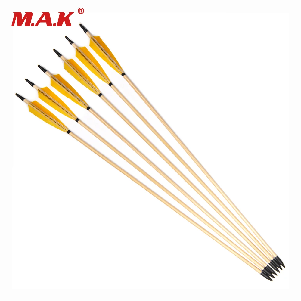 

6/12/24 pcs Wooden Arrow Length 80cm Diameter 8.7mm Yellow Turkey Feather for 20-30 Lbs Bow Archery Hunting Shooting
