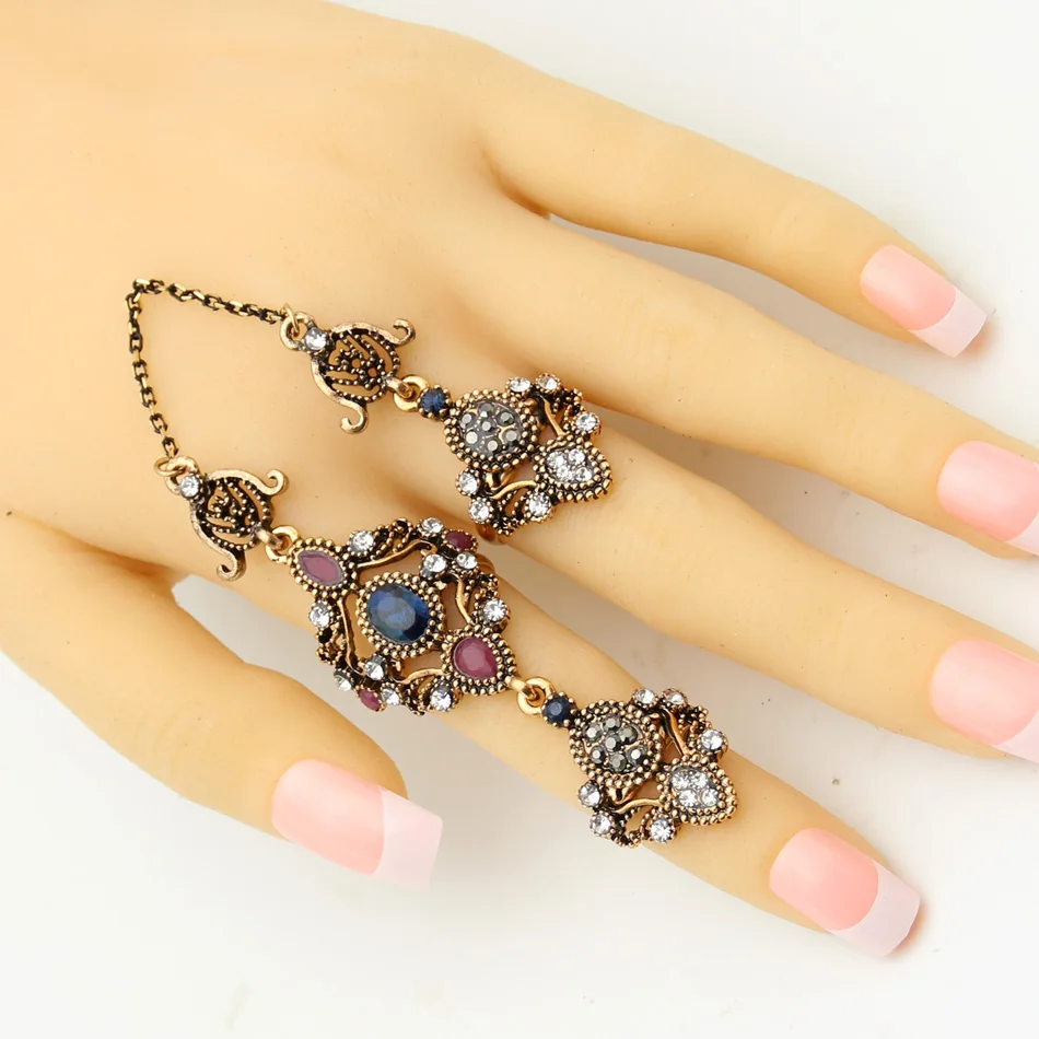 Good Deal Vintage Turkish Double Finger Rings Women Antique Flower Rhinestone Ring Anillos Ethnic Dance Decoration Retro Jewelry 1
