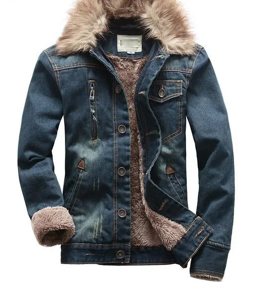 Denim Jacket Fur Collar Men Moto Ripped Jeans Jacket Men Vantage