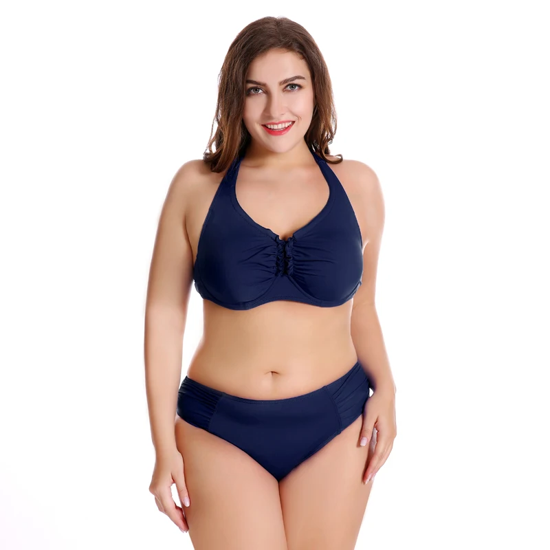

2018 Women Plus Size Bikini Set Push Up Pure Color High Waist Big Chest Female Swimwear Sexy Swimsuit Maillot De Bain Femme