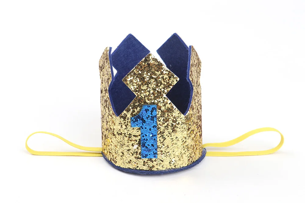 Золотисто-синяя детская От 1 до 3 лет шляпа на день рождения, блестящая шапочка для мальчика с изображением принца и короны, детский подарок на день рождения, украшение для фотосессии
